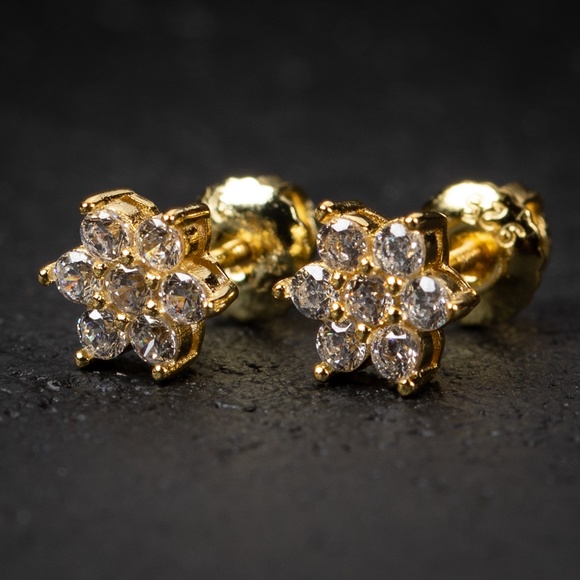 Gold Iced Snow Flake Flower Cluster Stud  Earrings - Picture 2 of 4